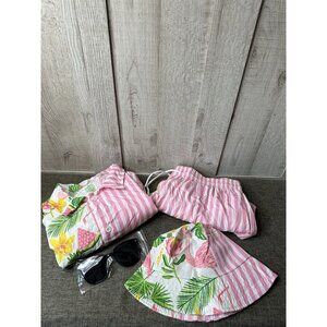 Hawaiian 4 pc Shirt Shorts Set Size XL w/ Bucket Hat & Sunglasses Beach Flamingo